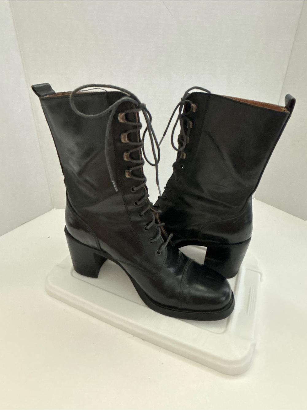 Pegabo Women's Black Lace-Up Leather Mid-Calf Heeled Boots 37